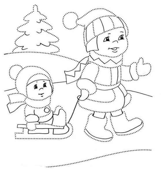 Девочка катает малыша на санках дорисовать