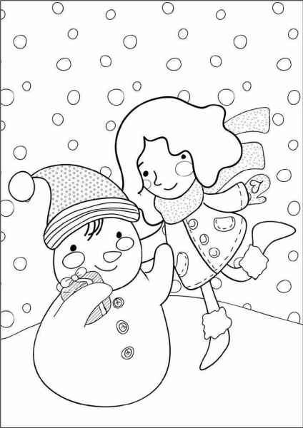 Девочка и снеговик под снегопадом