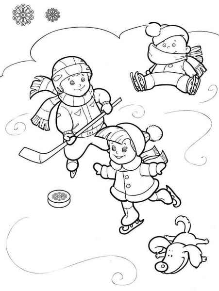 Дети катаются на коньках и играют в хокей