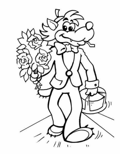 Волк с букетом и тортом