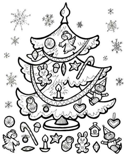 Елка с игрушками и снежинками