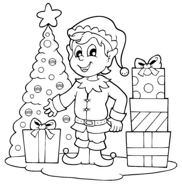 Эльф рядом с елкой и подарками