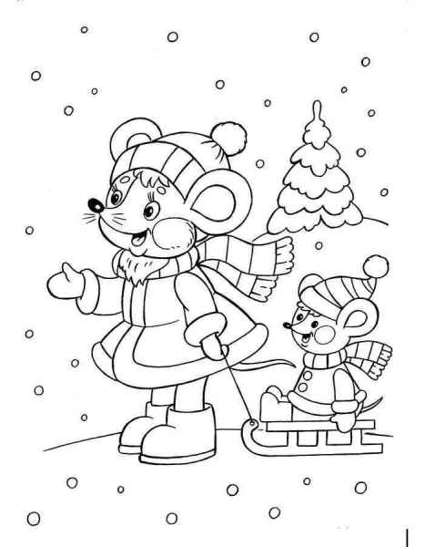 Мышонок катается на санках