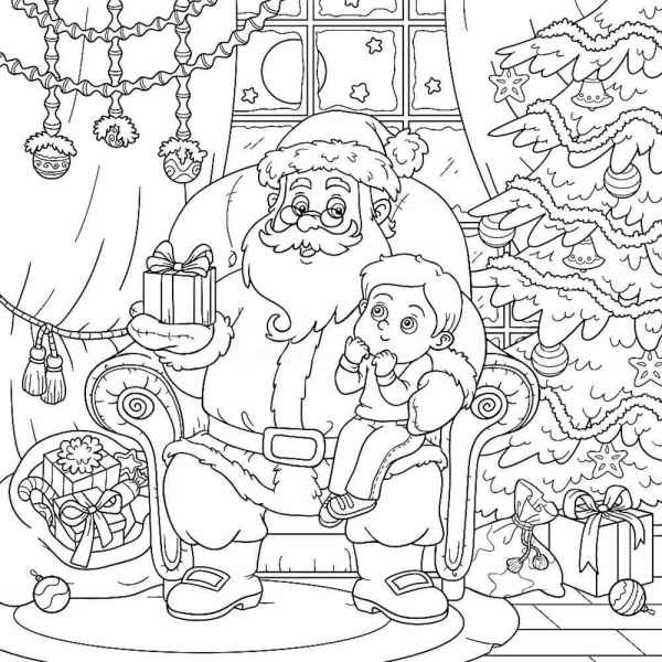 Дед мороз с мальчиком в кресле возле елки