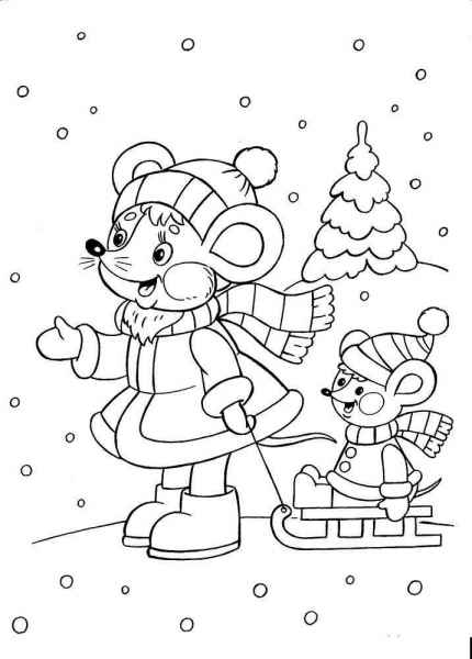 Мама везет мышонка на санках