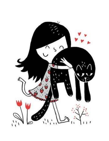 Девочка обнимает черного кота