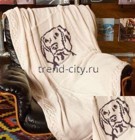 Вязаный плед спицами с собакой