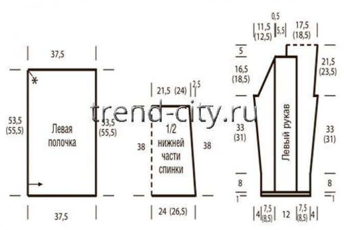 Трехцветный жакет спицами с асимметричной линией низа